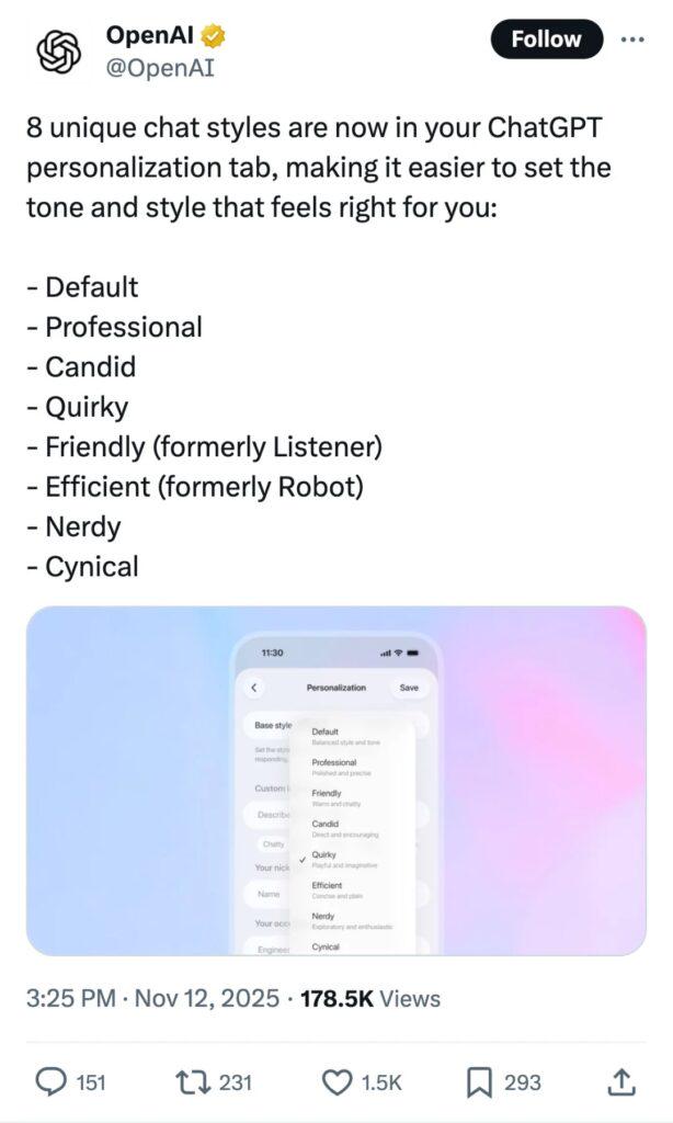 ChatGPT 8種對話風格選擇界面