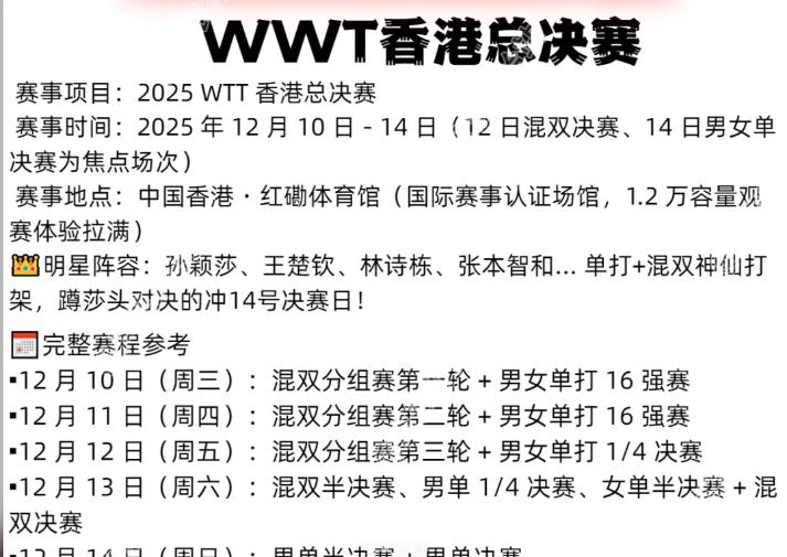 WTT香港總決賽五日詳細賽程表