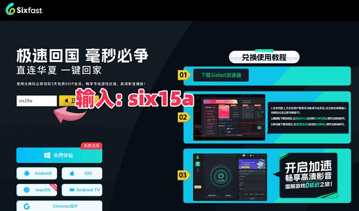 Sixfast網頁版兌換碼填寫介面,示意輸入six15a兌換碼