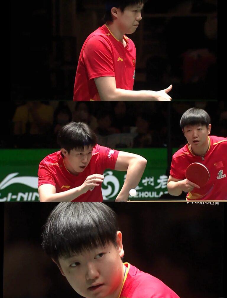 國乒混雙組合王楚欽/孫穎莎喺比賽中擊掌慶祝